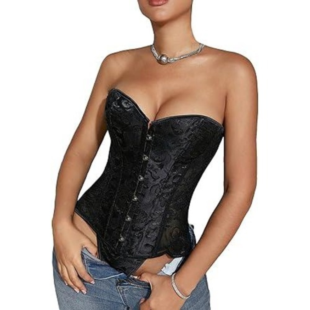 Black Floral Jacquard Lace Up Corset Top Strapless Busk Front Waist Cincher XS